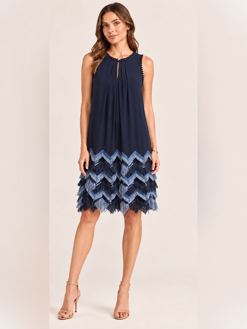 Maeve Anthropologie Navy Fringe Sequin Swing Dress Size 6